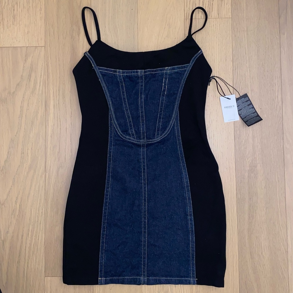 Denim and Black Contrast Mini Dress